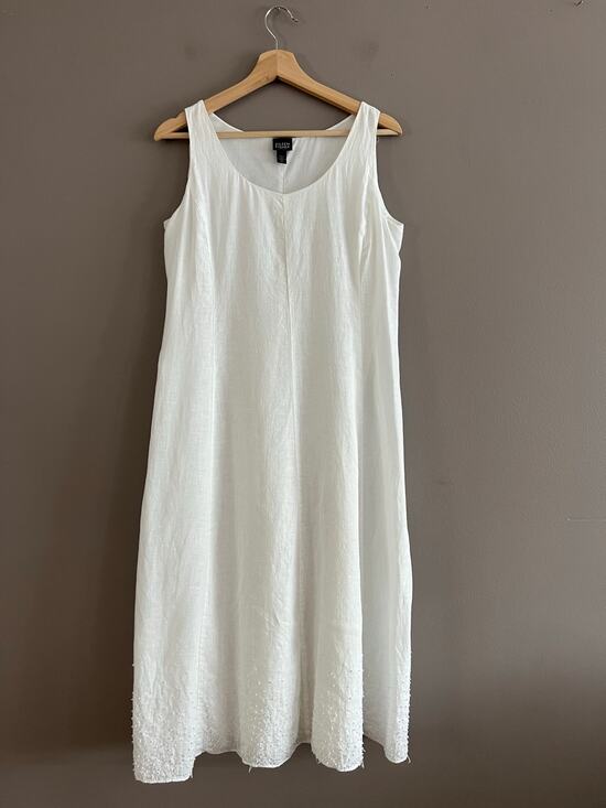 Eileen Fisher Dresses & Skirts - Eileen Fisher Irish Linen Swiss Dot Sleeveless Dress White A-Line Midi PS *Flaws